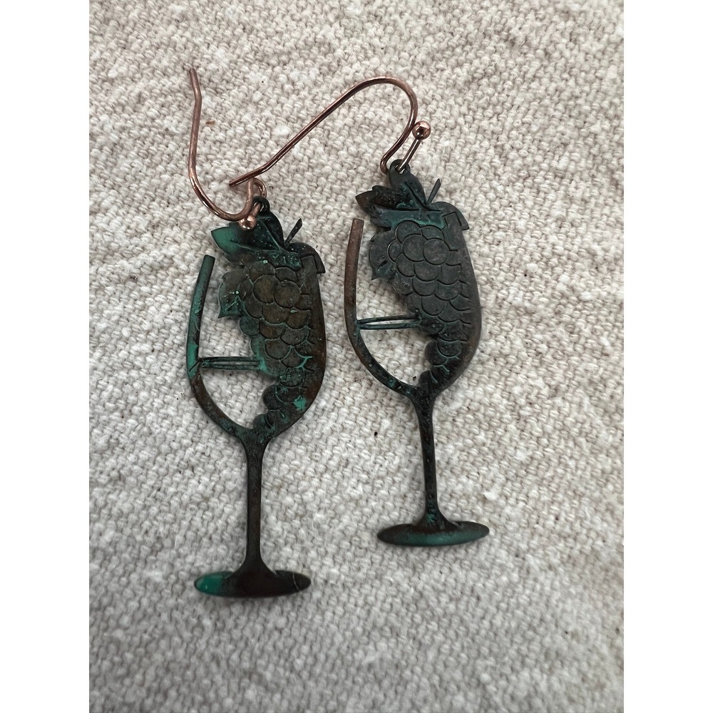 Wine Glass Grape Drop Earrings Bronze Green Verdigris Patina Winery Oenophile